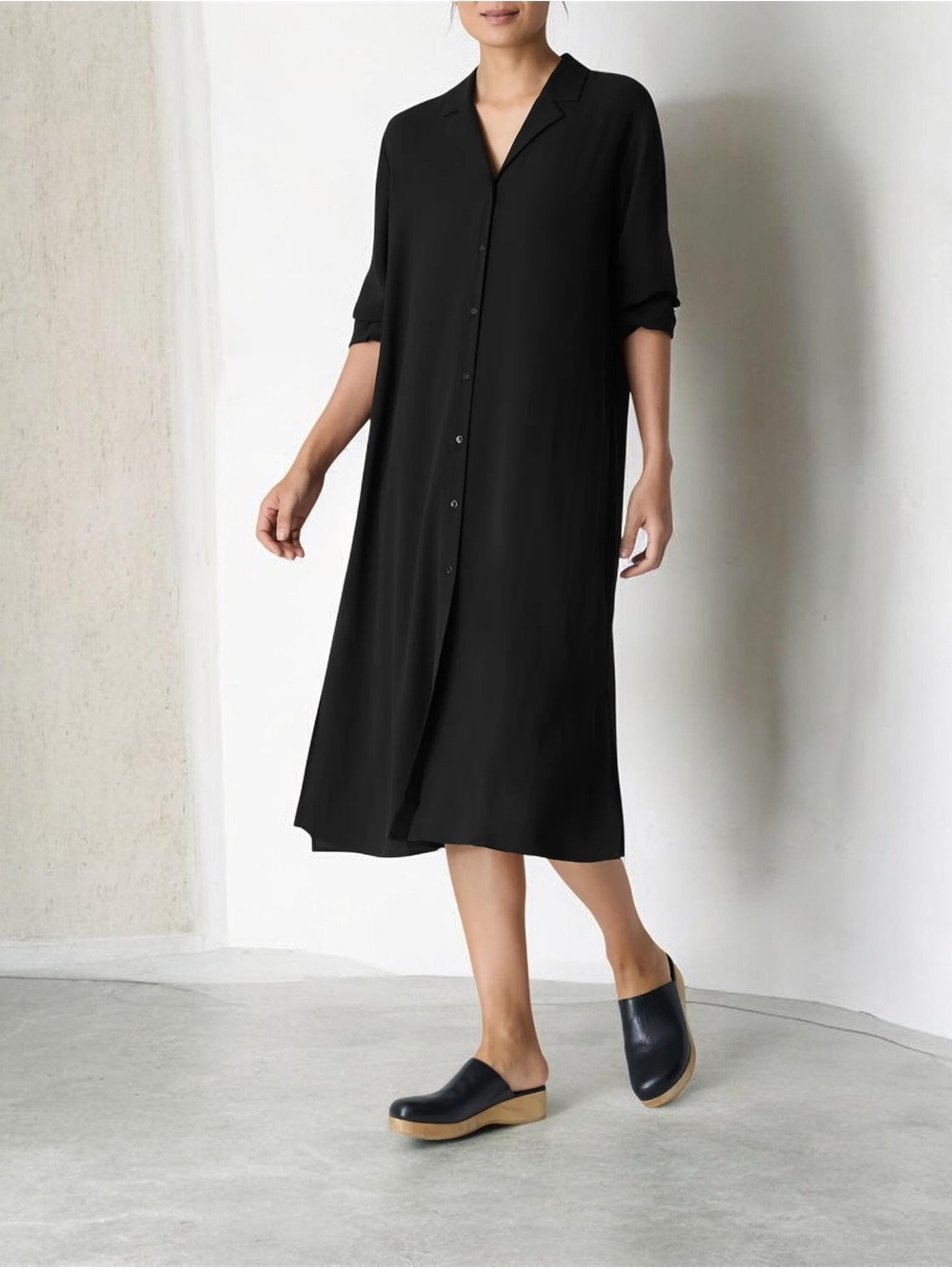 Eileen Fisher Notch Collar Long Sleeve Silk Shirtdress Size M